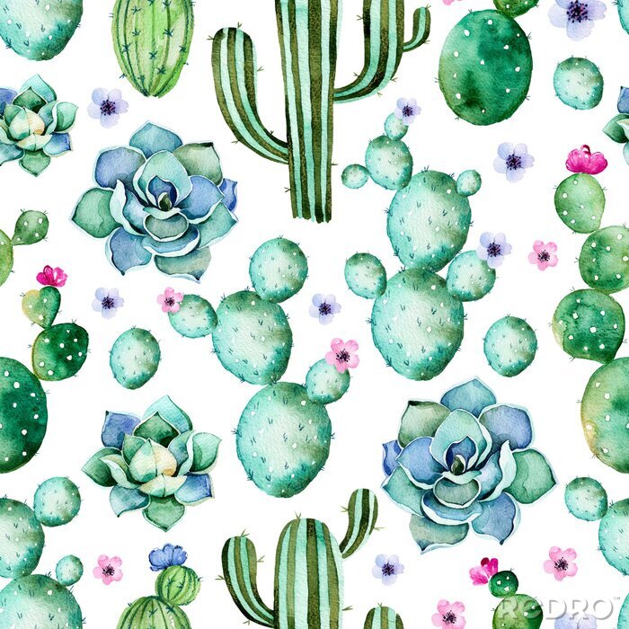 Papier peint à motif  Le modèle sans soudure avec de haute qualité peints à la main des plantes de cactus aquarelle, succulentes et fleurs pourpres.Pastel couleurs, parfait pour votre projet, mariage, carte de voeux, photo