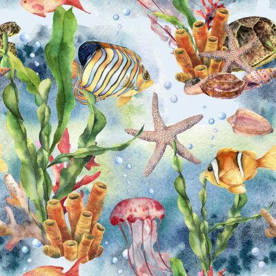 Papier peint à motif  Le monde sous-marin à l'aquarelle