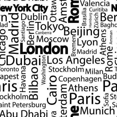 Papier peint à motif  Le motif sans couture des villes du monde. Les noms des villes du monde. Fond d'arrière-plan art seamless vectoriel avec les noms des villes. Modèle sans couture avec les noms des villes.