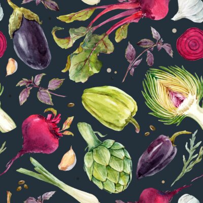 Papier peint à motif  Légumes aquarelles artichauts aubergines