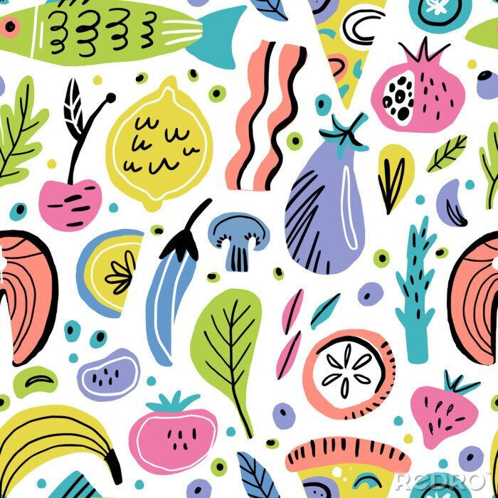 Papier peint à motif  Légumes colorés abstraits fruits et poissons
