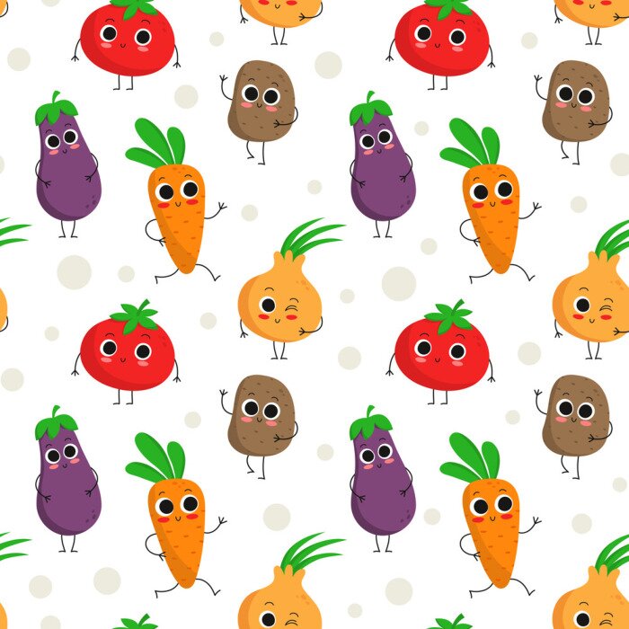 Papier peint à motif  Légumes colorés avec des yeux et des pattes