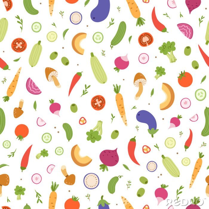 Papier peint à motif  Légumes colorés graphiques entiers et tranchés