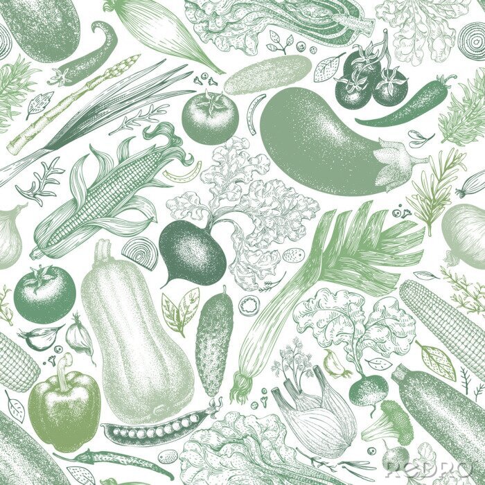Papier peint à motif  Légumes dans les tons de vert