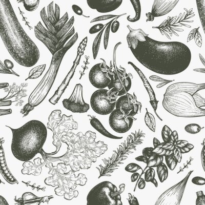 Papier peint à motif  Légumes de style rétro en gris