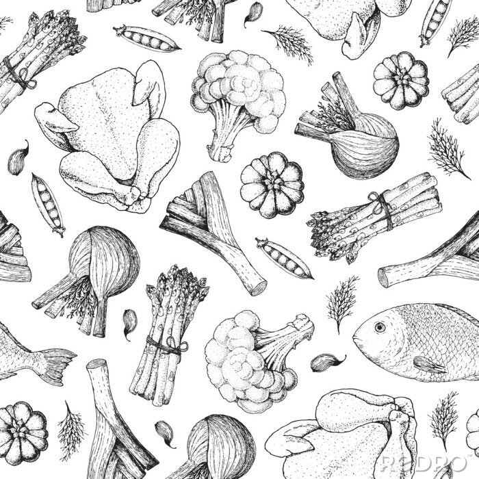 Papier peint à motif  Légumes de viande et de poisson esquissés