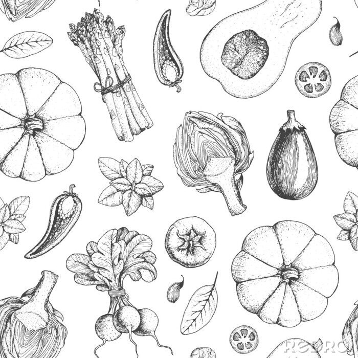 Papier peint à motif  Légumes esquissés en noir et blanc