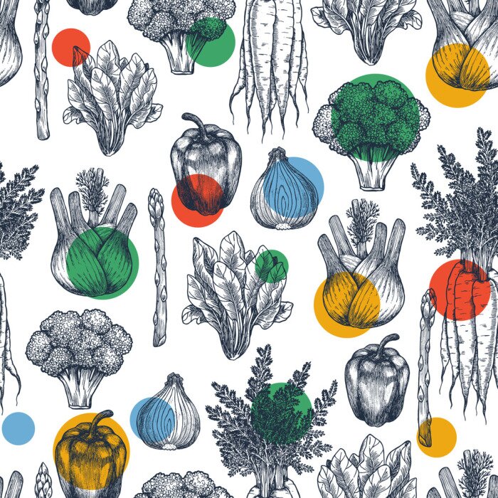 Papier peint à motif  Légumes esquissés et points colorés