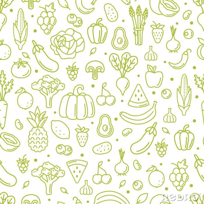 Papier peint à motif  Légumes et fruits entourés de vert