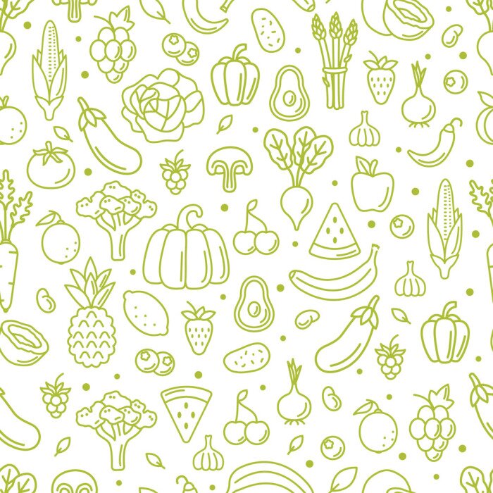 Papier peint à motif  Légumes et fruits entourés de vert
