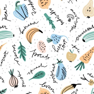 Papier peint à motif  Légumes et fruits graphiques avec légendes