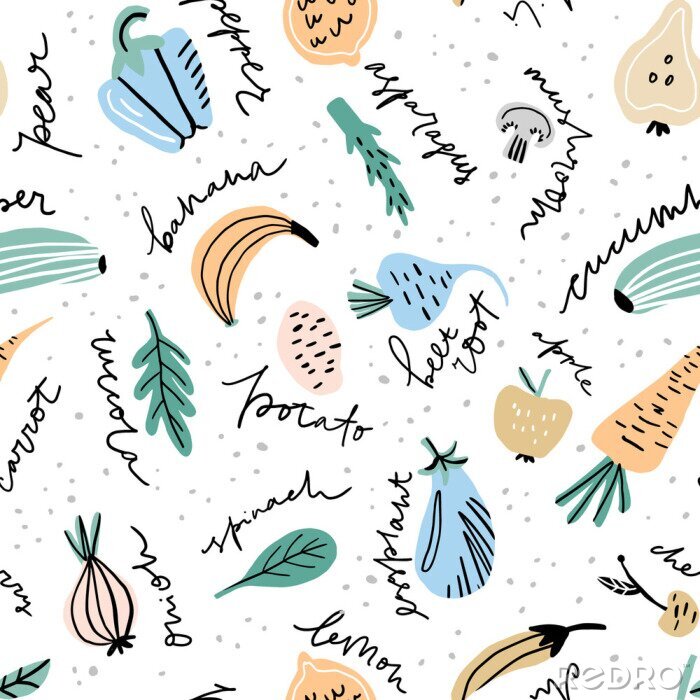 Papier peint à motif  Légumes et fruits graphiques avec légendes