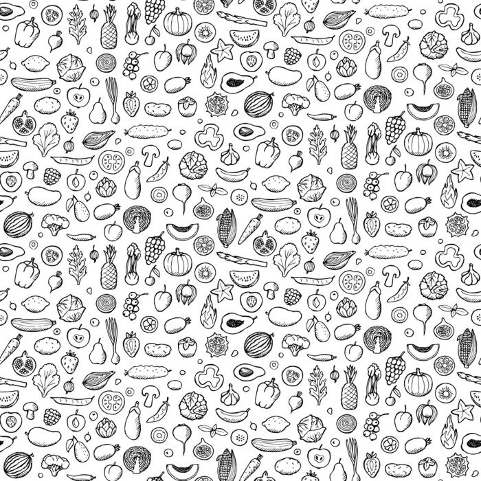 Papier peint à motif  Légumes et fruits minuscules esquissés
