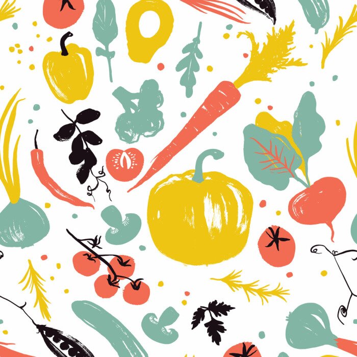 Papier peint à motif  Légumes et points colorés