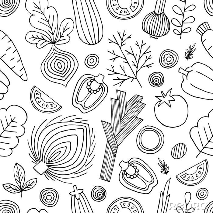 Papier peint à motif  Légumes noirs et blancs de style scandinave