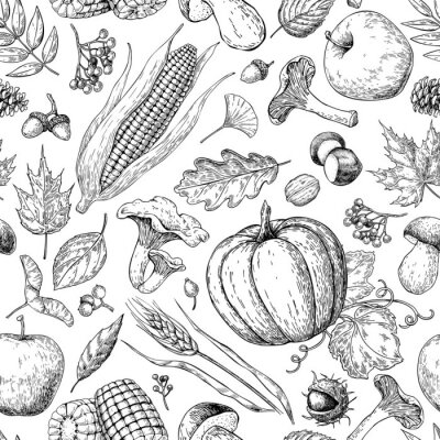 Papier peint à motif  Légumes noirs et blancs esquissés