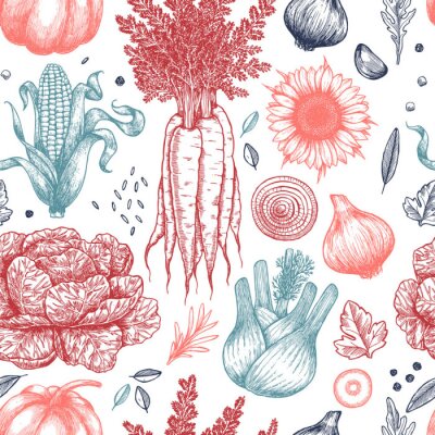 Papier peint à motif  Légumes rouges et bleus sur fond blanc