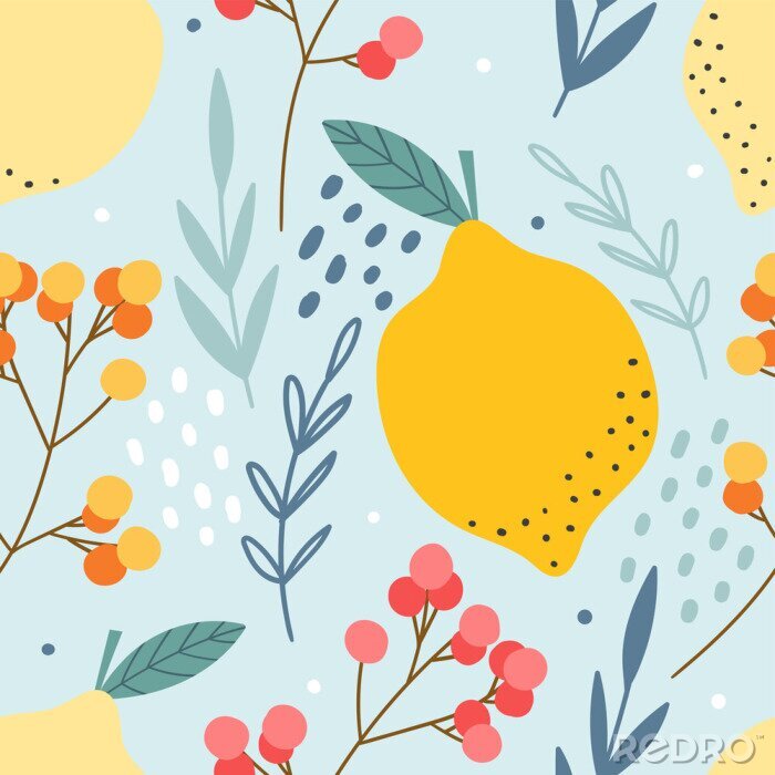 Papier peint à motif  Lemons and berries seamless pattern for print, textile, fabric. Hand drawn citrus fruits background.