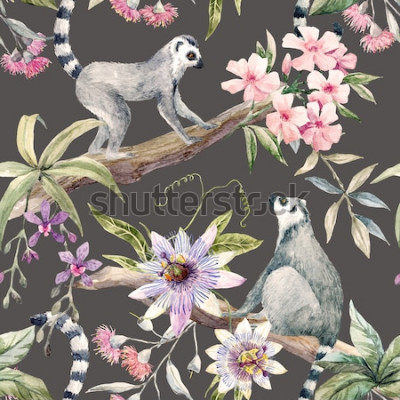 Papier peint à motif  Lémuriens et fleurs sur un fond gris