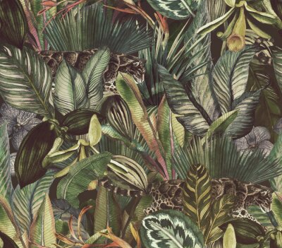 Papier peint à motif  Léopard entre des plantes tropicales