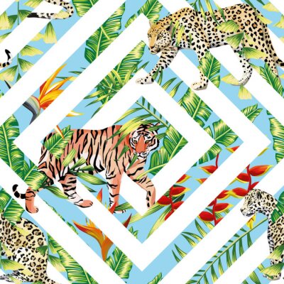 Papier peint à motif  léopard tigre sans soudure feuilles tropicales de fond géométrique