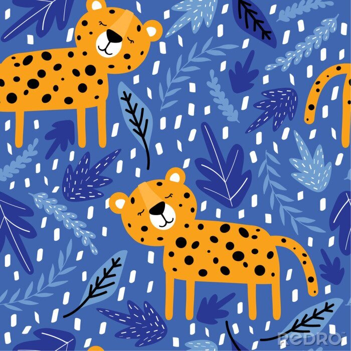 Papier peint à motif  Leopards, leaves, hand drawn backdrop. Colorful seamless pattern with animals. Decorative cute wallpaper, good for printing. Overlapping background vector. Design illustration