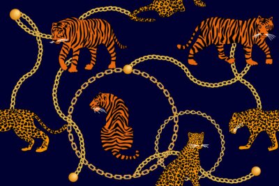 Papier peint à motif  Leopards, tiger and golden chains. 