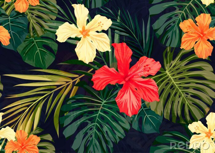 Papier peint à motif  Les fleurs de la jungle dans un style graphique