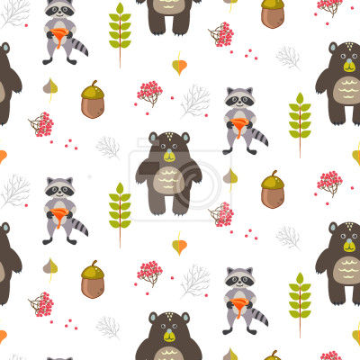 Papier peint à motif  Les ours et les raccoons dans la forêt