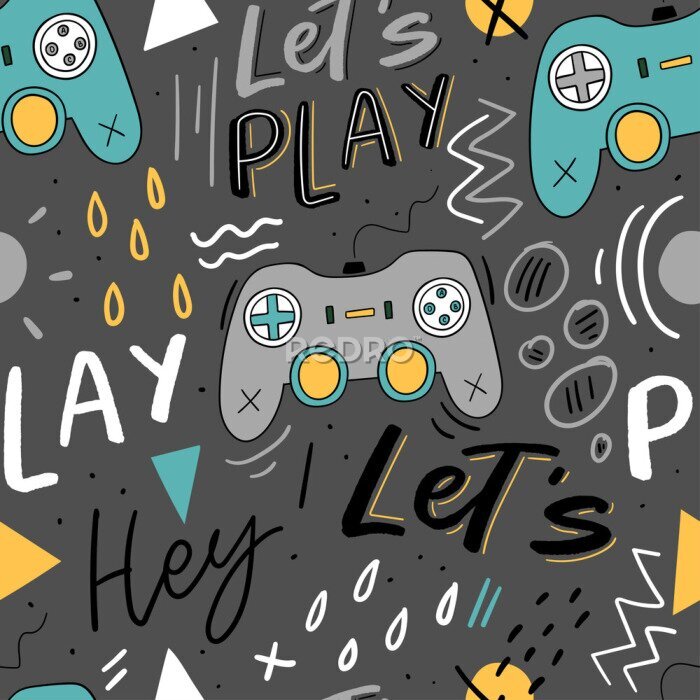 Papier peint à motif  Let's play kids seamless pattern with joystick for print, textile, wallpaper. Modern illustration with hand lettering background.