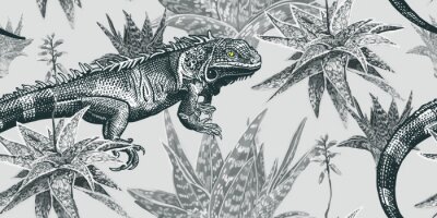 Papier peint à motif  Lézards tropicaux et plantes en gris