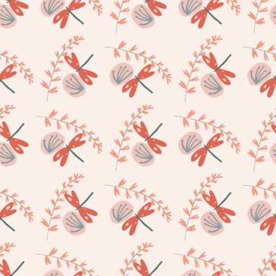 Papier peint à motif  Libellules de pissenlit et feuilles graphiques colorés