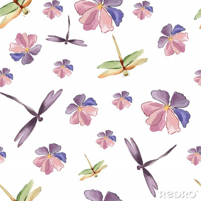Papier peint à motif  Libellules parmi les fleurs