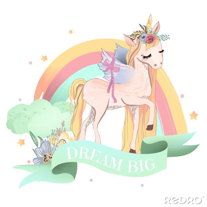 Papier peint à motif  Licorne arc-en-ciel et ruban avec l'inscription