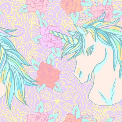 Papier peint à motif  Licorne et fleurs