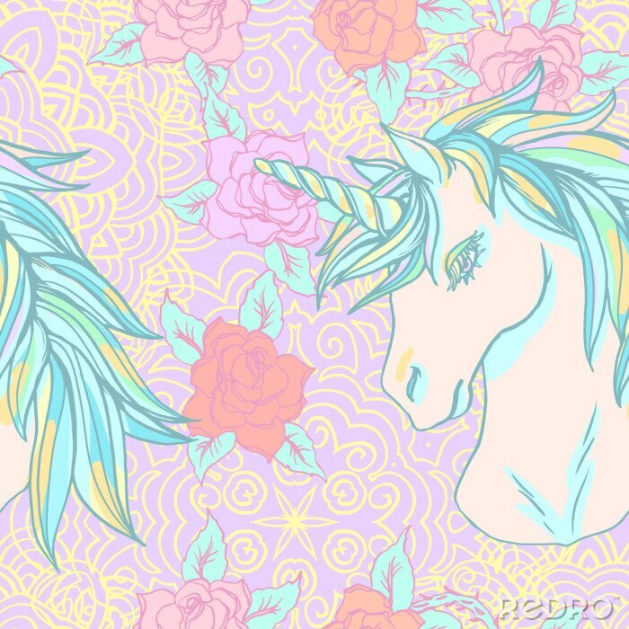 Papier peint à motif  Licorne et fleurs