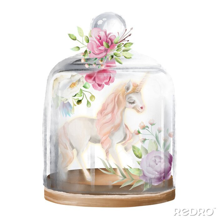 Papier peint à motif  Licorne et fleurs sous un couvercle en verre