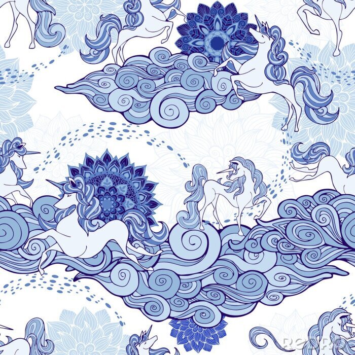 Papier peint à motif  Licorne et nuage et mandala design pour fantaisie ton bleu et blanc en porcelaine avec fond blanc modèle sans couture