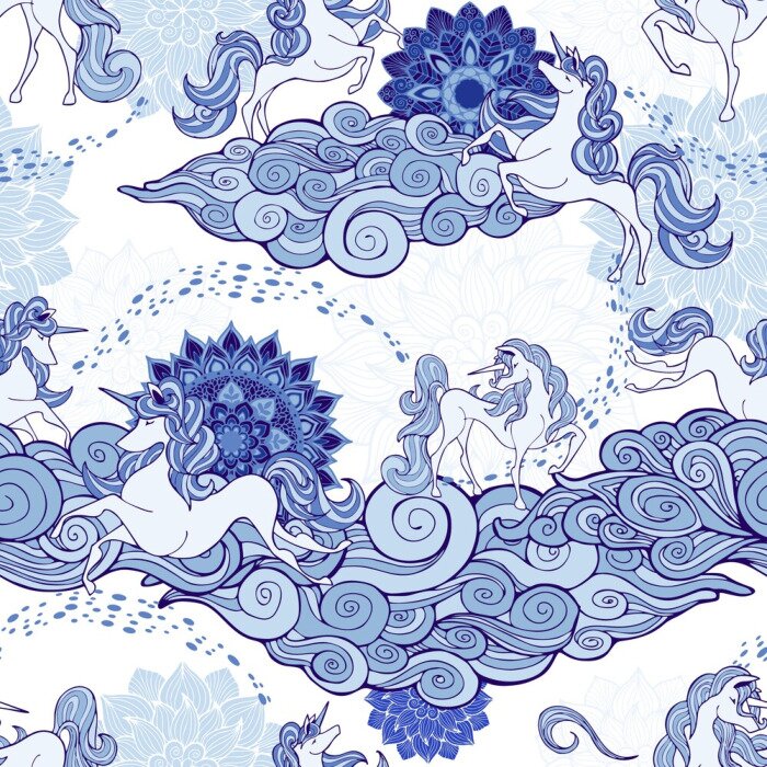 Papier peint à motif  Licorne et nuage et mandala design pour fantaisie ton bleu et blanc en porcelaine avec fond blanc modèle sans couture
