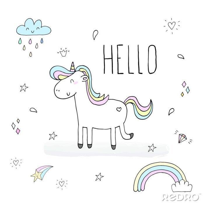 Papier peint à motif  Licorne sur un fond blanc