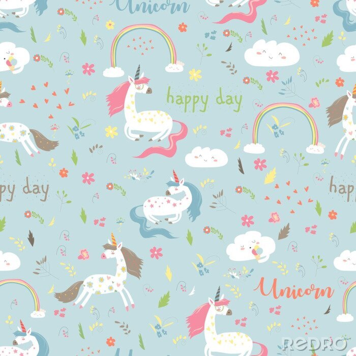 Papier peint à motif  Licornes, arcs-en-ciel et fleurs