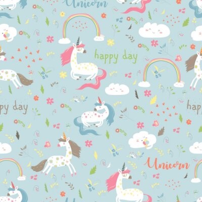 Papier peint à motif  Licornes, arcs-en-ciel et fleurs