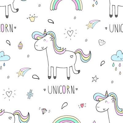 Papier peint à motif  Licornes avec des queues arc-en-ciel