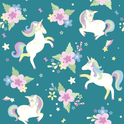 Papier peint à motif  Licornes et compositions florales