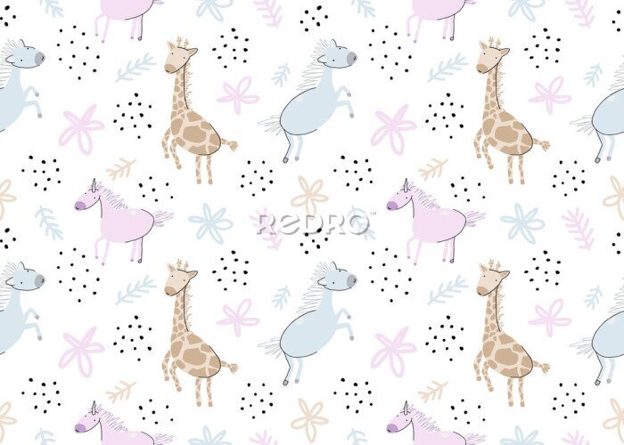Papier peint à motif  Licornes et girafes style dessin animé