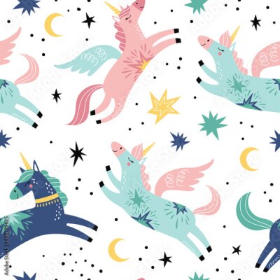 Papier peint à motif  Licornes féeriques colorées