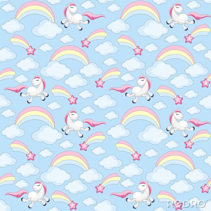 Papier peint à motif  Licornes, nuages et arcs-en-ciel