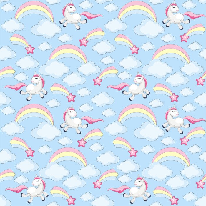 Papier peint à motif  Licornes, nuages et arcs-en-ciel