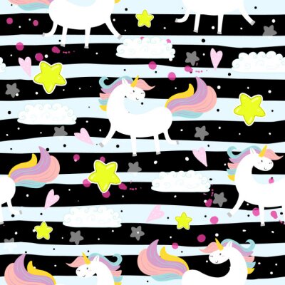 Papier peint à motif  Licornes sur un fond avec des bandes noires et blanches