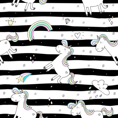 Papier peint à motif  Licornes sur un fond noir et blanc